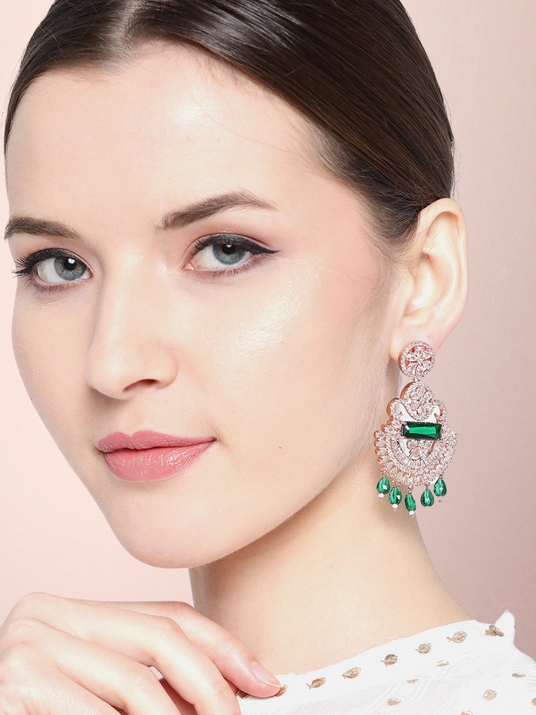 Green Rose Gold-Plated AD Studded Beaded Handcrafted Drop Earrings