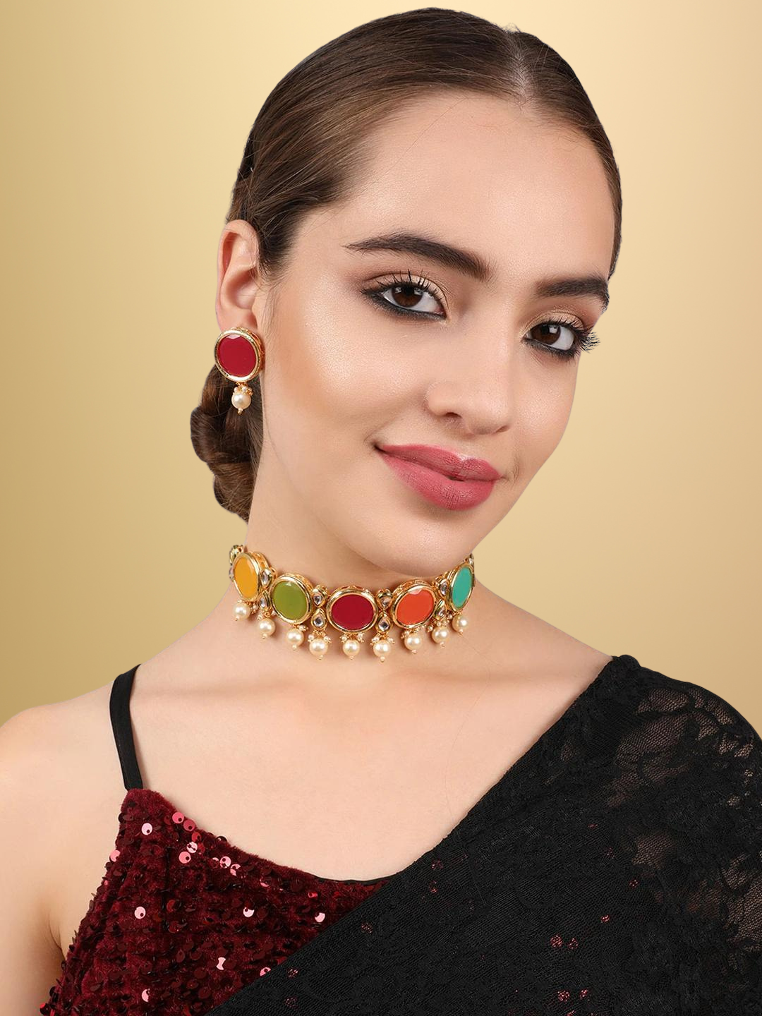 Gold-Plated Multi-Coloured Kundan-studded & Beaded Jewellery Set