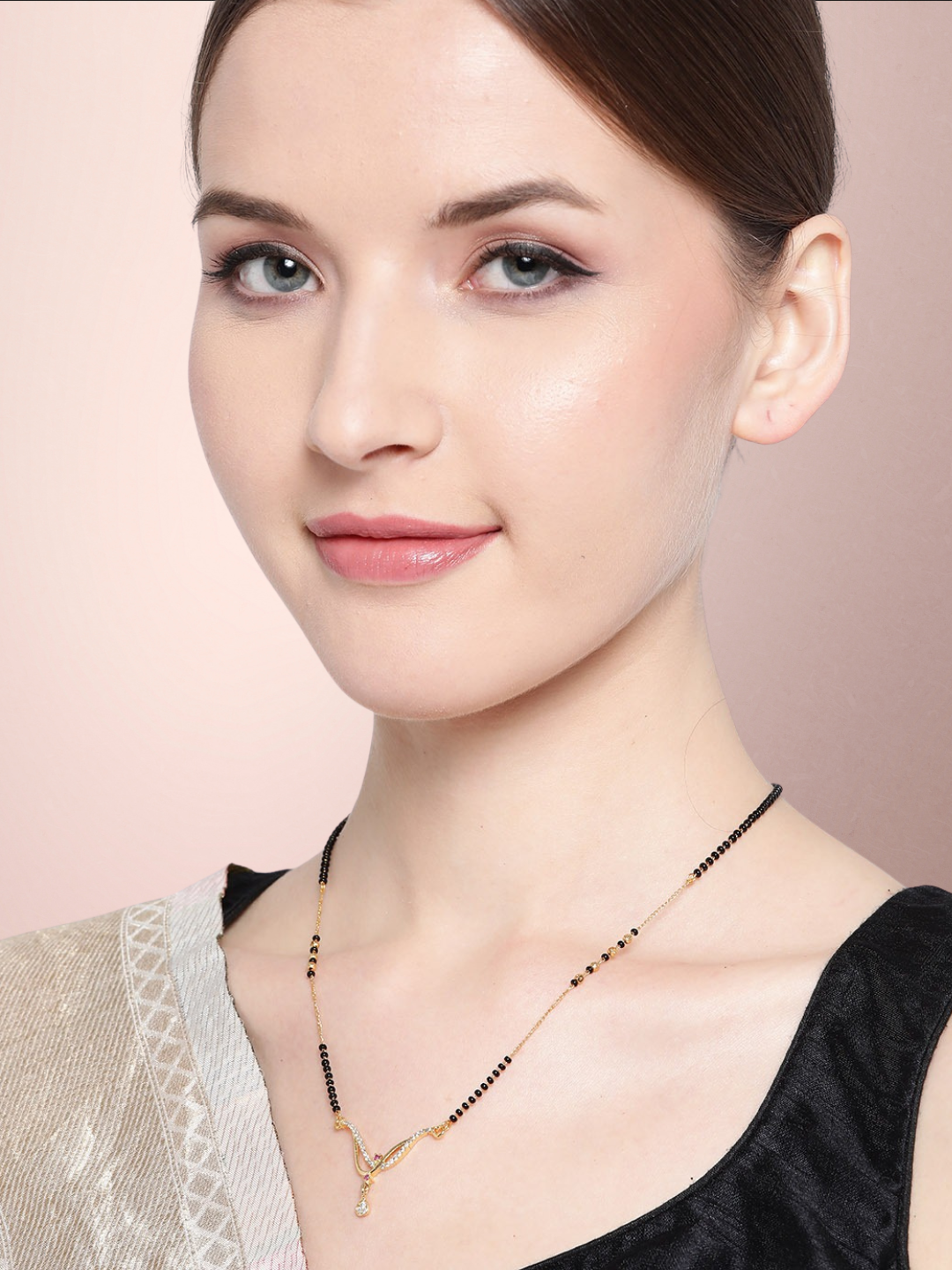 Black & Pink Gold-Plated Beaded & AD-Studded Mangalsutra