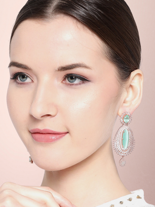 Sea Green Rose Gold-Plated AD-Studded Handcrafted Oval Drop Earrings