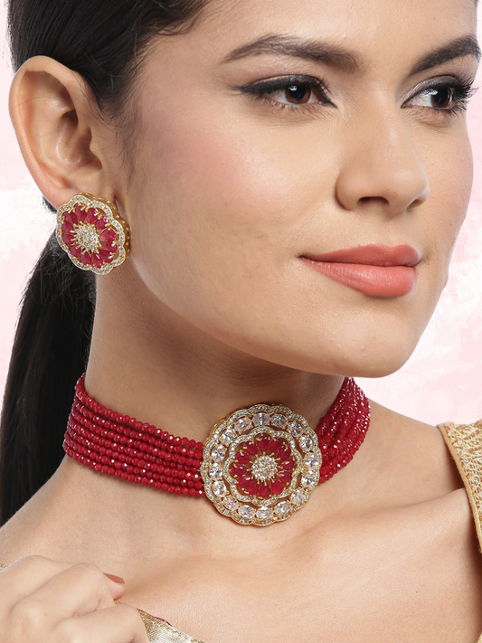 Maroon Gold-Plated Handcrafted AD-Studded Multi-Stranded Jewellery Set
