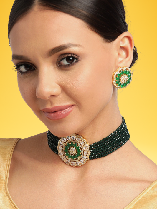 Green & White Gold-Plated Choker Necklace Set