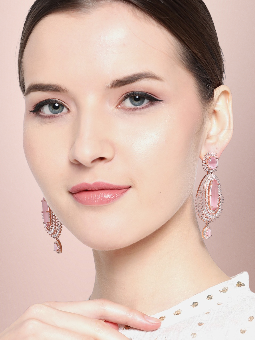 Pink Rose Gold-Plated AD Studded Handcrafted Oval Drop Earrings