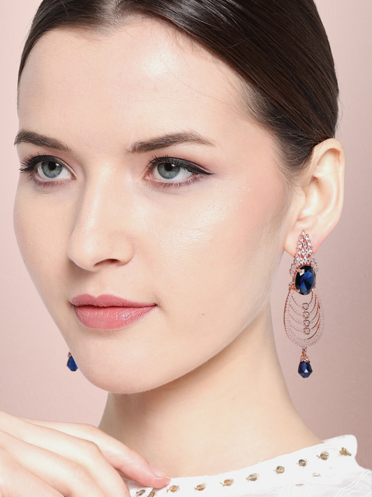 Navy Blue Rose Gold-Plated AD Studded Beaded Handcrafted Oval Drop Earrings