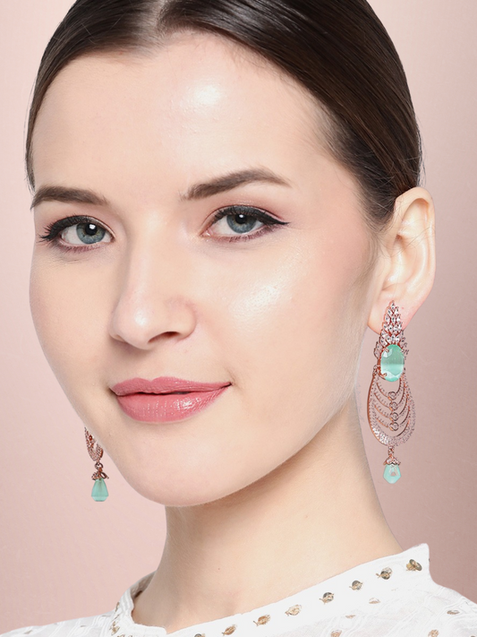 Sea Green Rose Gold-Plated AD Stone-Studded Handcrafted Drop Earrings