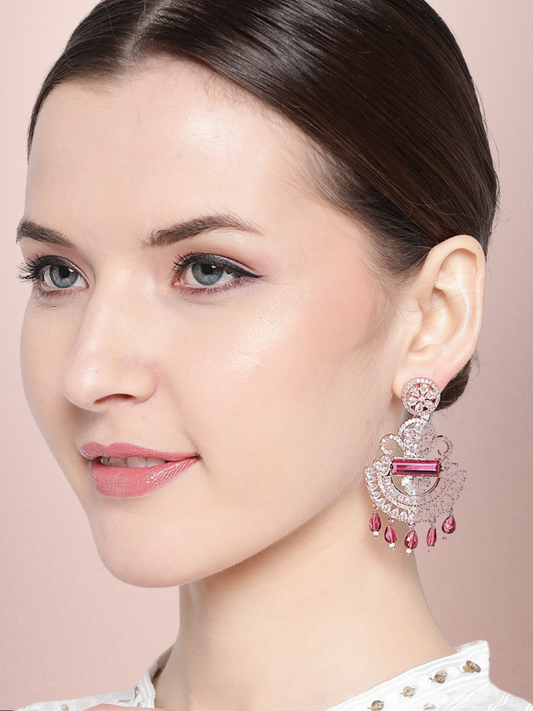 Maroon Rose Gold-Plated Handcrafted CZ-Studded Contemporary Drop Earrings