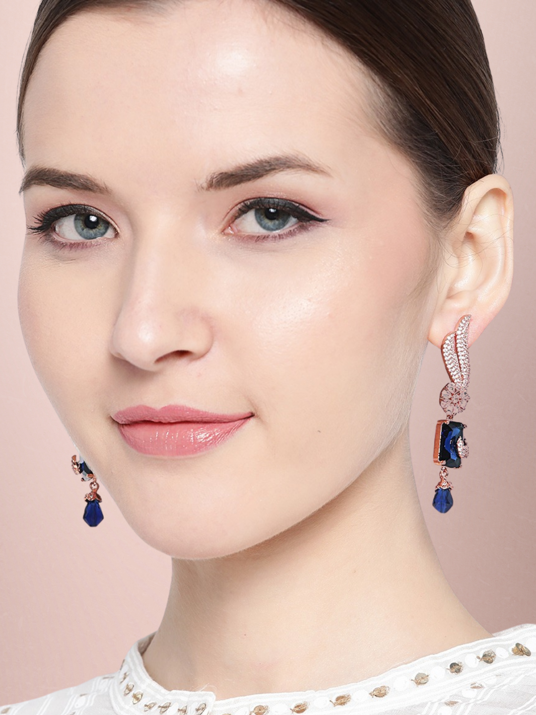 Navy Rose Gold-Plated Handcrafted AD-Studded Contemporary Drop Earrings