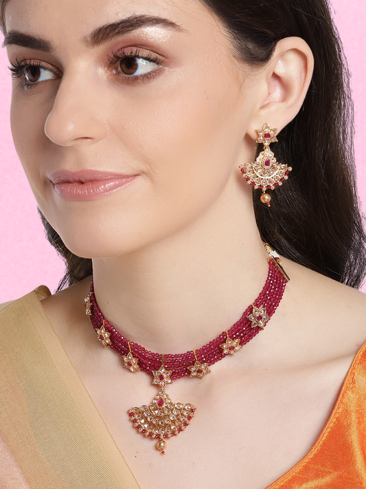 Magenta Gold-Plated Beaded Stone-Studded Handcrafted Jewellery Set