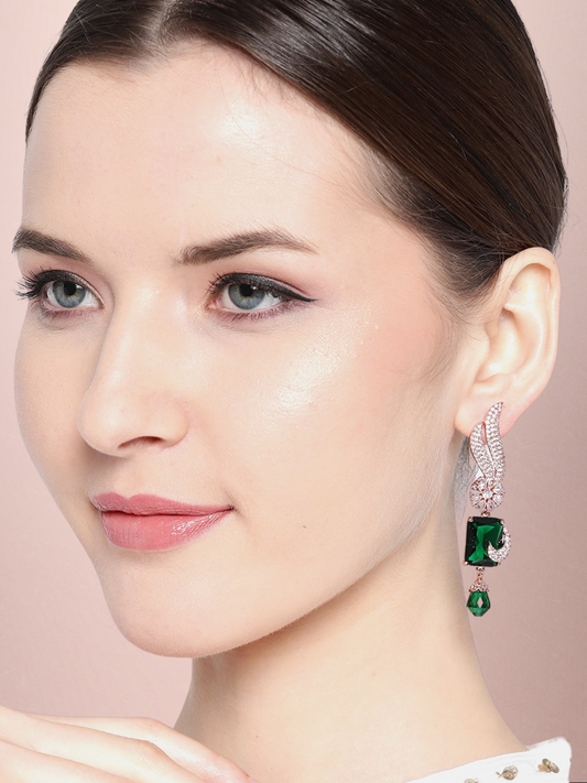 Green Rose Gold-Plated AD-Studded Handcrafted Contemporary Drop Earrings