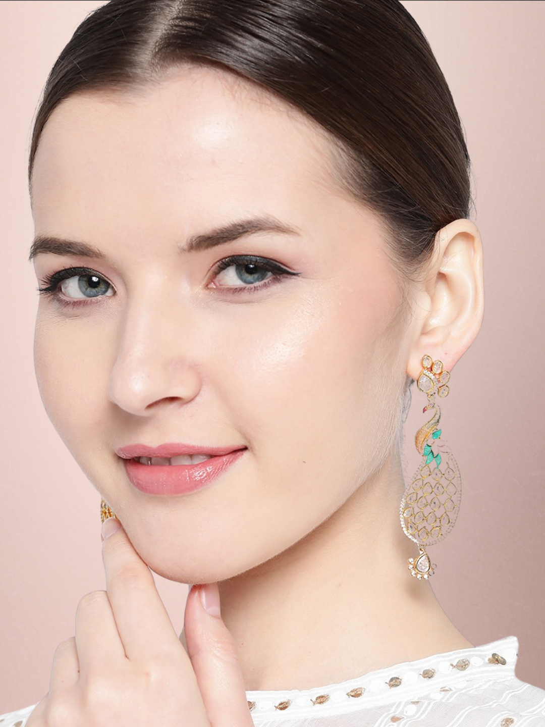 Peach-Coloured Gold-Plated Handcrafted AD Stones Peacock-Shaped Drop Earrings