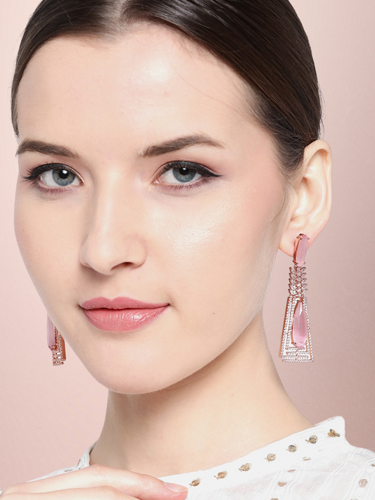 Pink Rose Gold-Plated AD Studded Handcrafted Drop Earrings