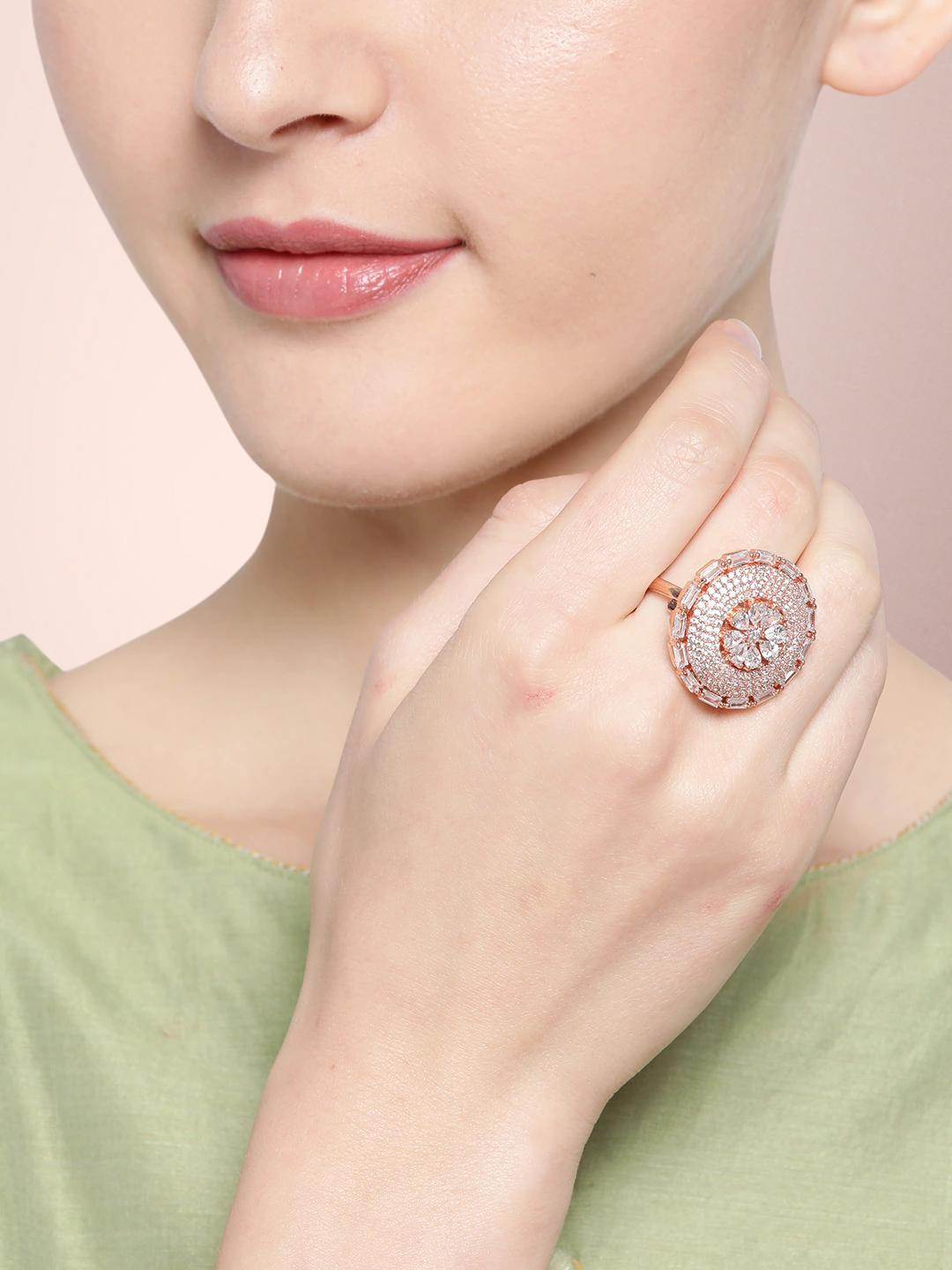 Rose Gold-Plated AD-Studded Handcrafted Adjustable Circular Finger Ring