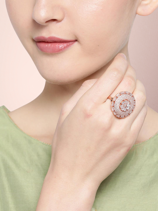 Rose Gold-Plated AD-Studded Handcrafted Adjustable Circular Finger Ring