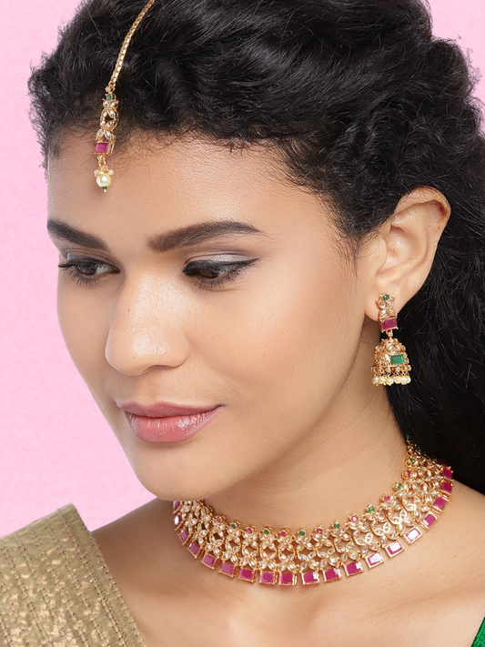 Pink Gold-Plated Stone-Studded Handcrafted Jewellery Set