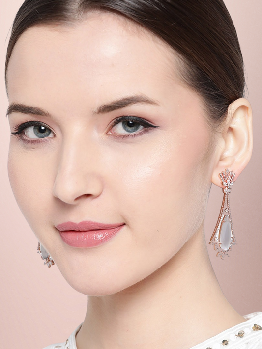 Grey Rose Gold-Plated AD-Studded Handcrafted Teardrop-Shaped Drop Earrings