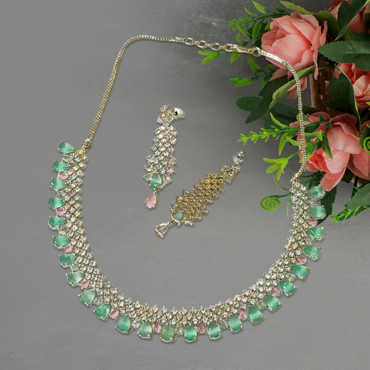Mint Green and Pink Stone Studded American Diamond
