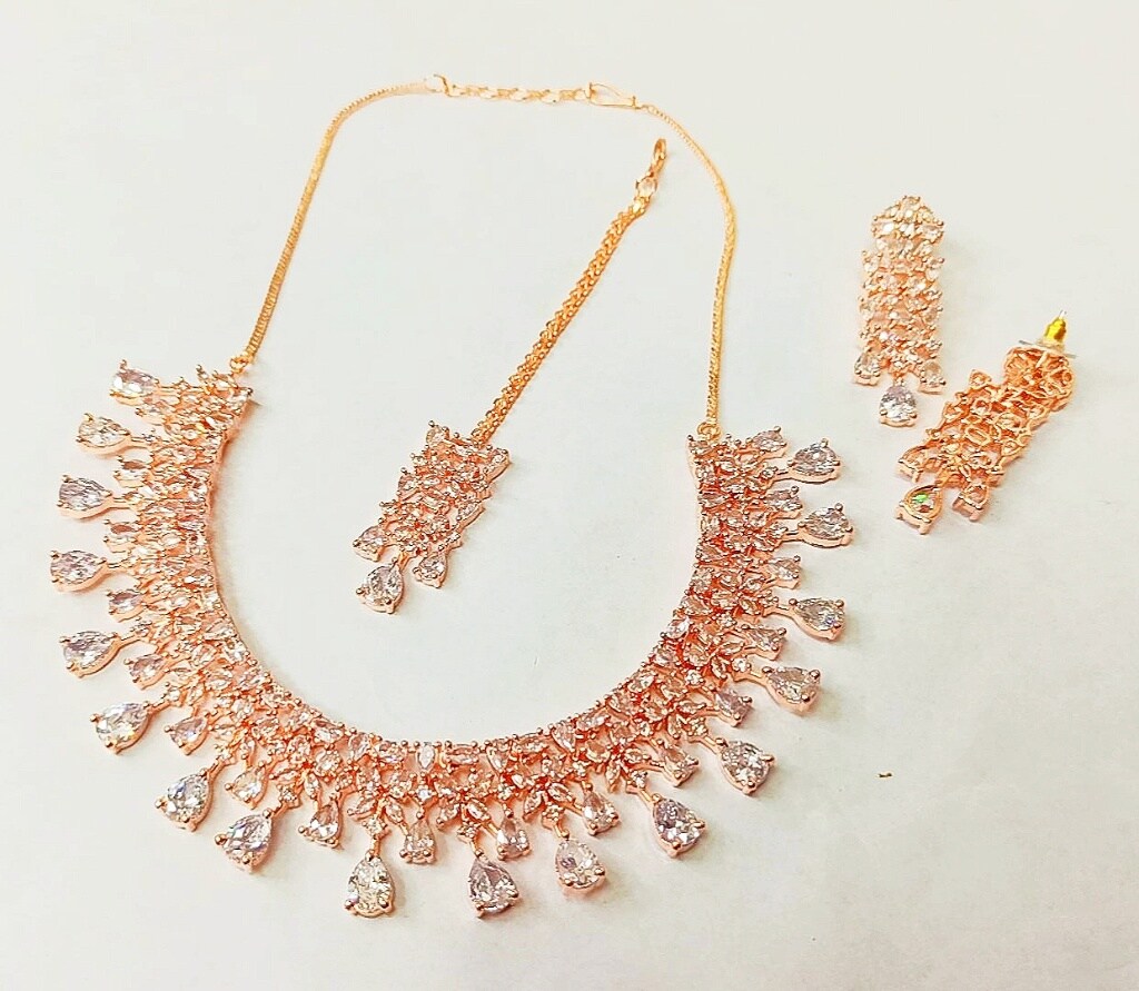 Rose Gold Plated Designer American Diamond Necklace Set