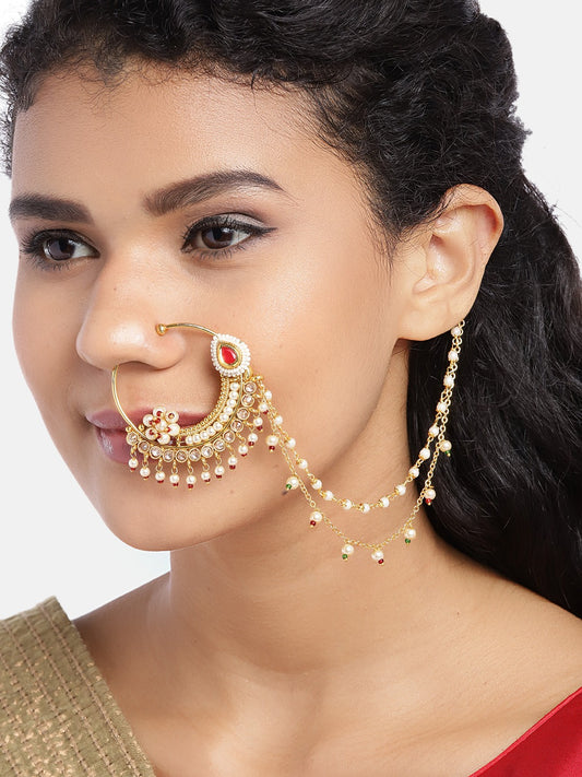 Red & Off-White Gold-Plated CZ-Studded & Beaded Chained Nose Ring