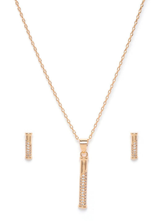 Rose Gold-Plated AD Studded Pendant with Chain & Earrings