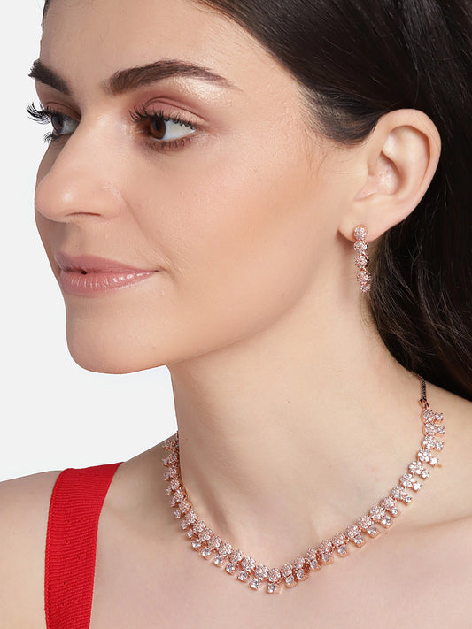 Rose Gold-Plated American Diamond-Studded Handcrafted Jewellery Set