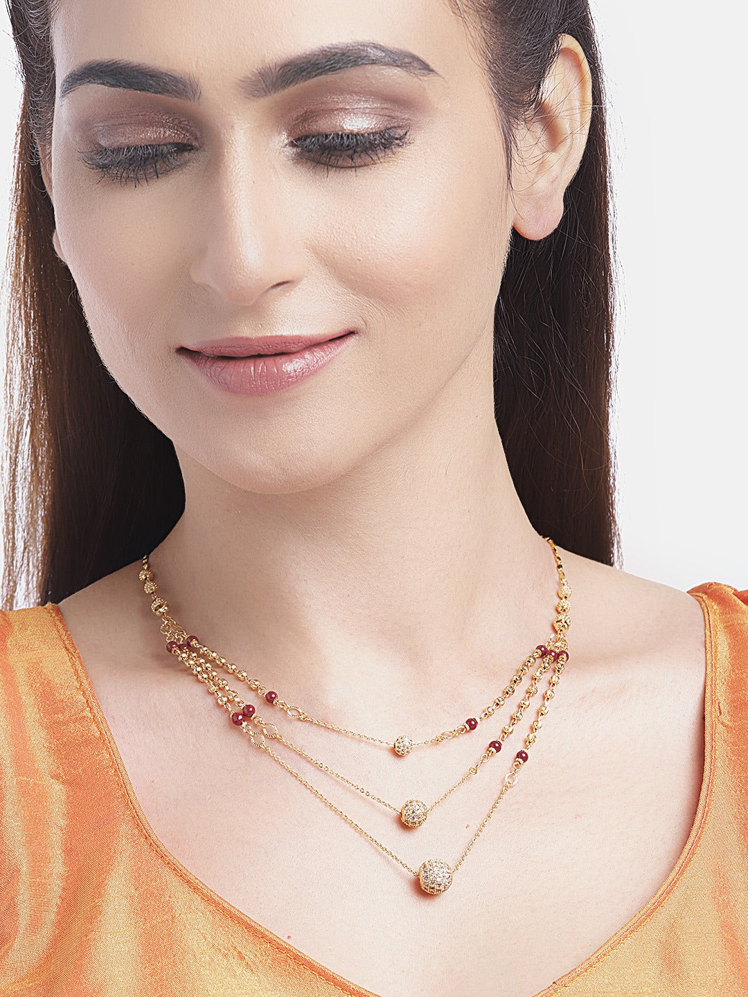 Maroon Gold-Plated AD-Studded Layered Mangalsutra