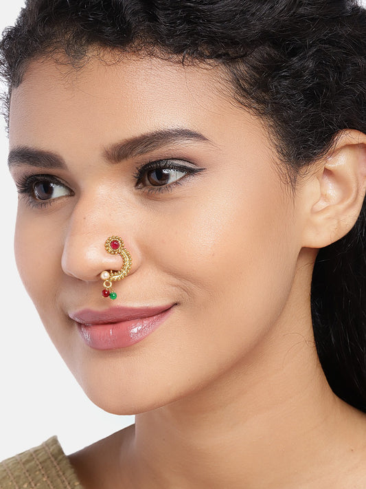 Maroon Antique Gold-Plated CZ-Studded & Beaded Marathi Nose Pin