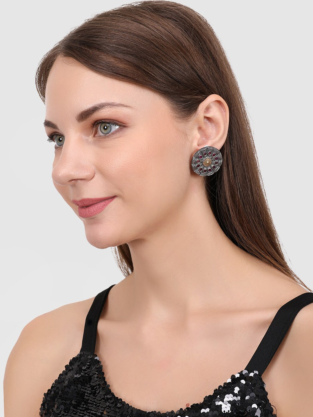 Silver-Toned Oxidised Circular Studs Earrings