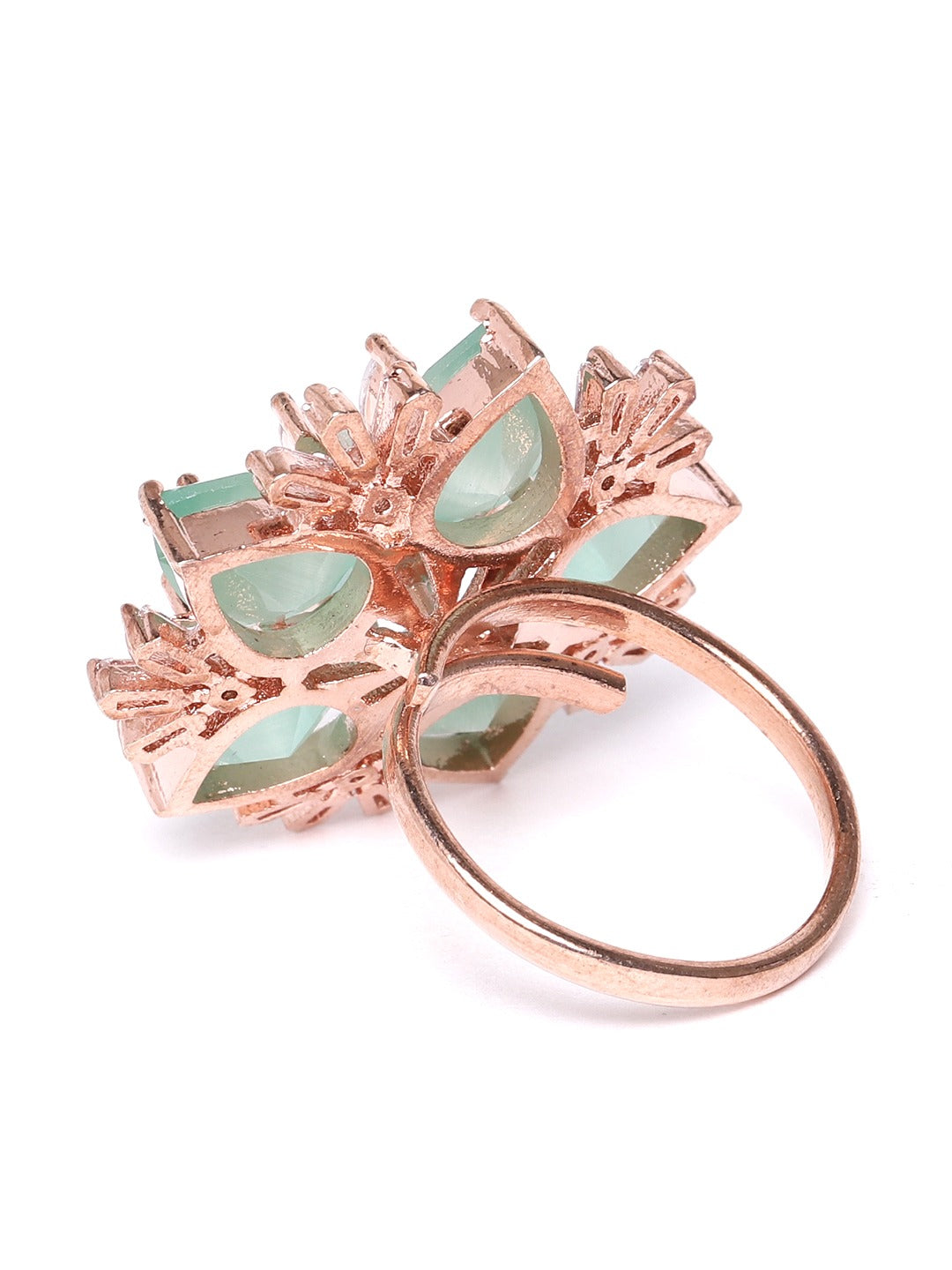 Women Green Rose Gold Plated AD Studded Handcrafted Adjustable Finger Ring