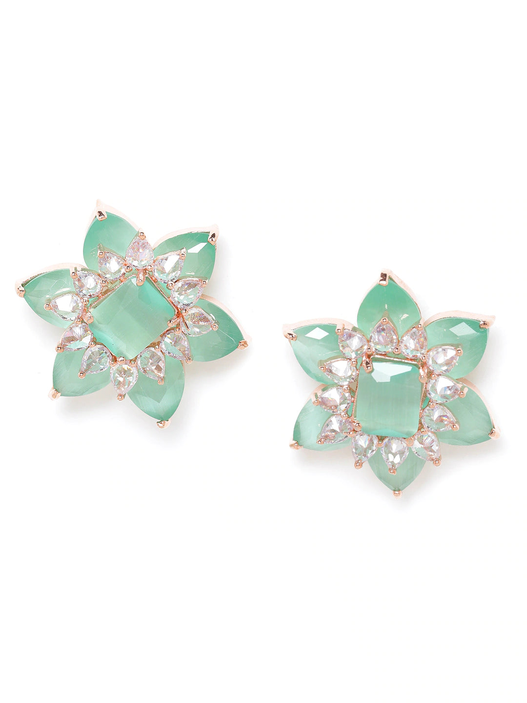 Green Rose Gold-Plated AD Studded Handcrafted Floral Studs