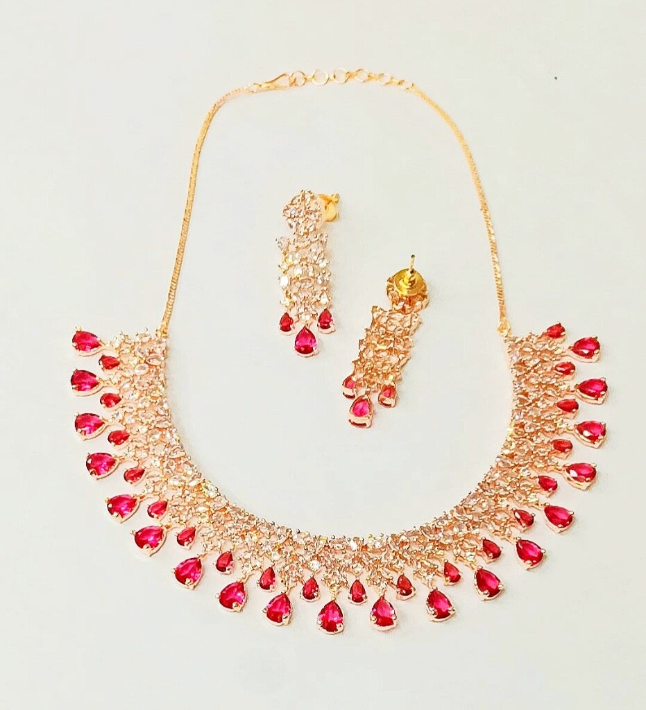 Ruby Color Rose Gold Plated American Diamond Necklace Set