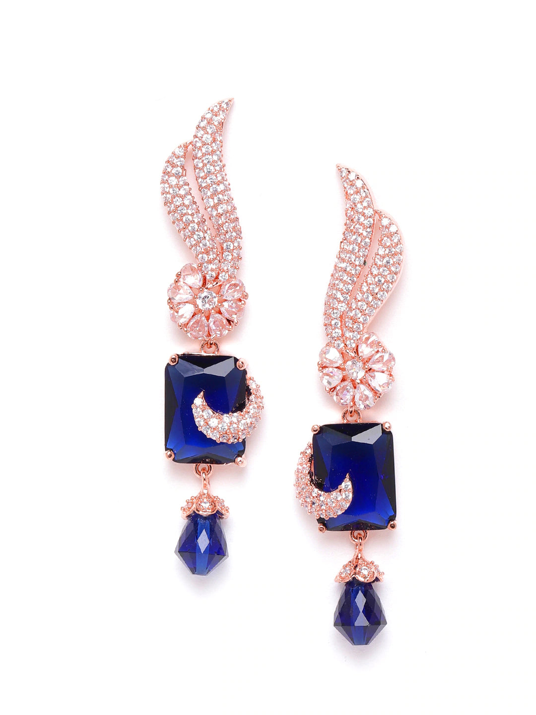 Navy Rose Gold-Plated Handcrafted AD-Studded Contemporary Drop Earrings