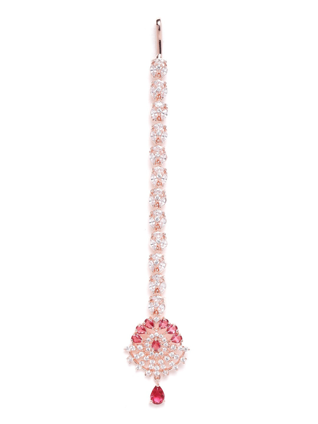 Magenta Rose Gold-Plated CZ Stone-Studded Handcrafted Maang Tika