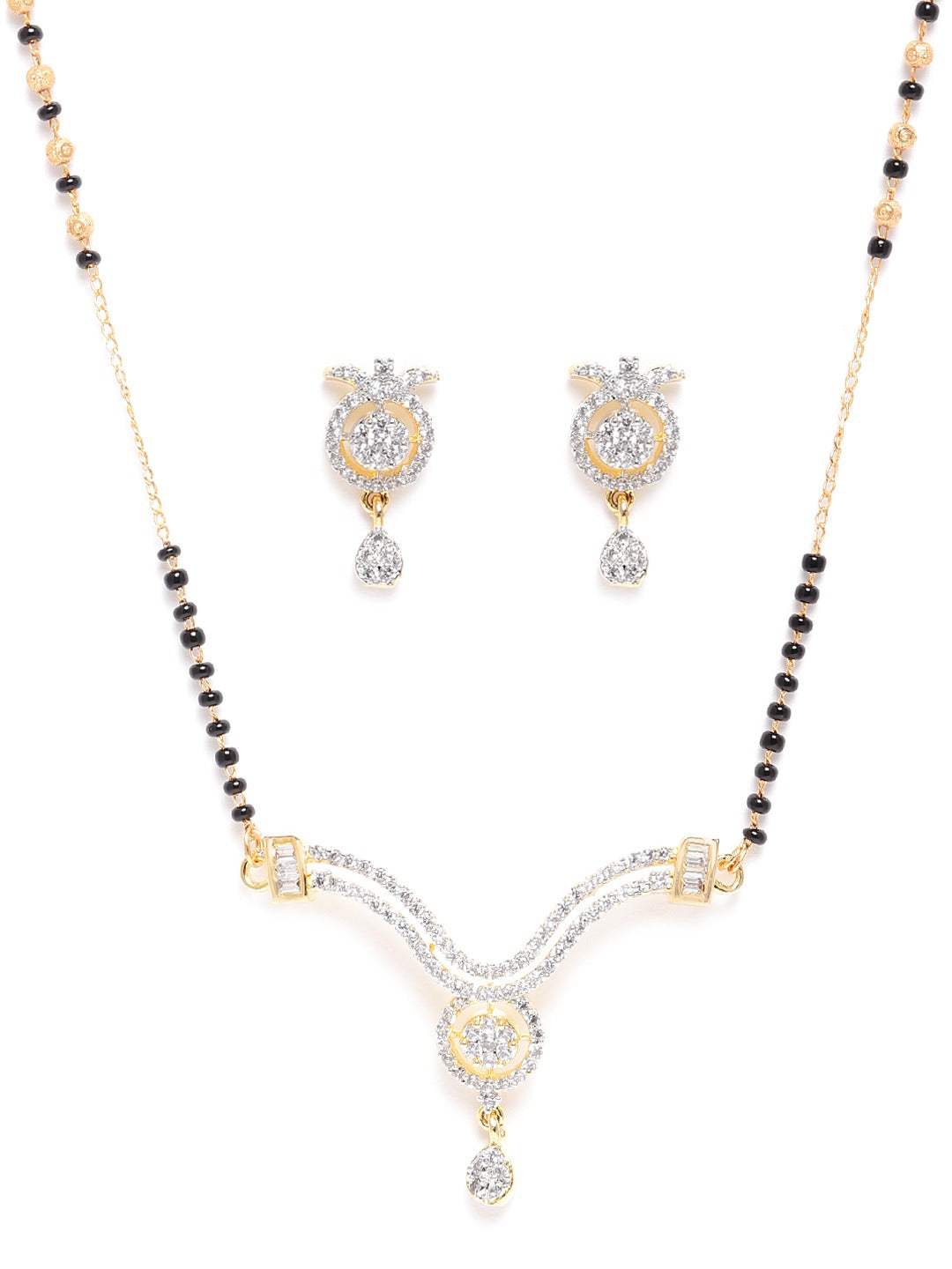 Black Gold-Plated AD Studded & Beaded Mangalsutra & Earrings Set