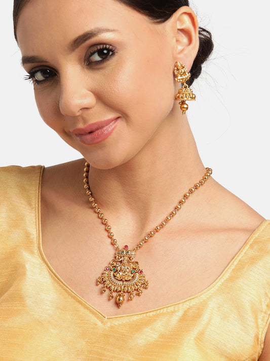Maroon & Green Gold-Plated Stone Studded Handcrafted Temple Jewellery Set