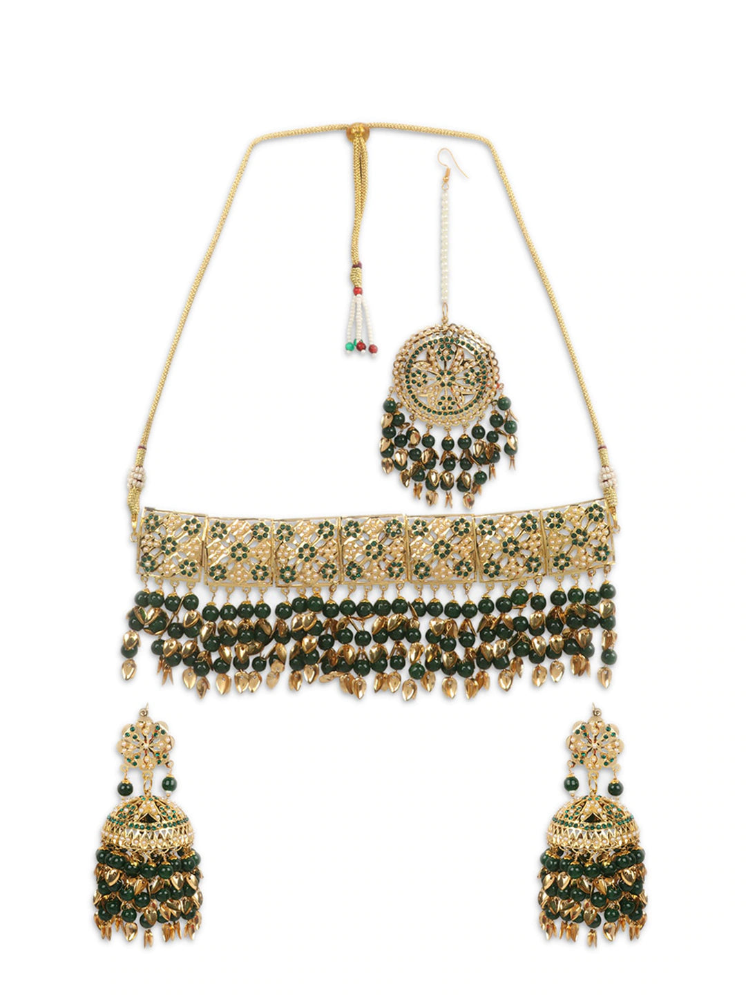 Gold-Plated Green & White Stone-Studded & Beaded Jadau Jewellery Set