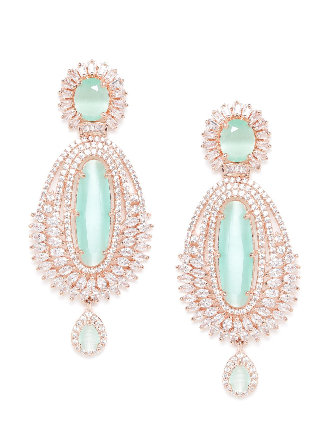 Sea Green Rose Gold-Plated AD-Studded Handcrafted Oval Drop Earrings