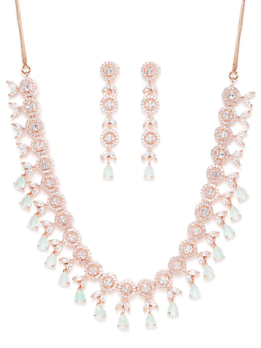 Sea Green Rose Gold-Plated AD-Studded Handcrafted Jewellery Set