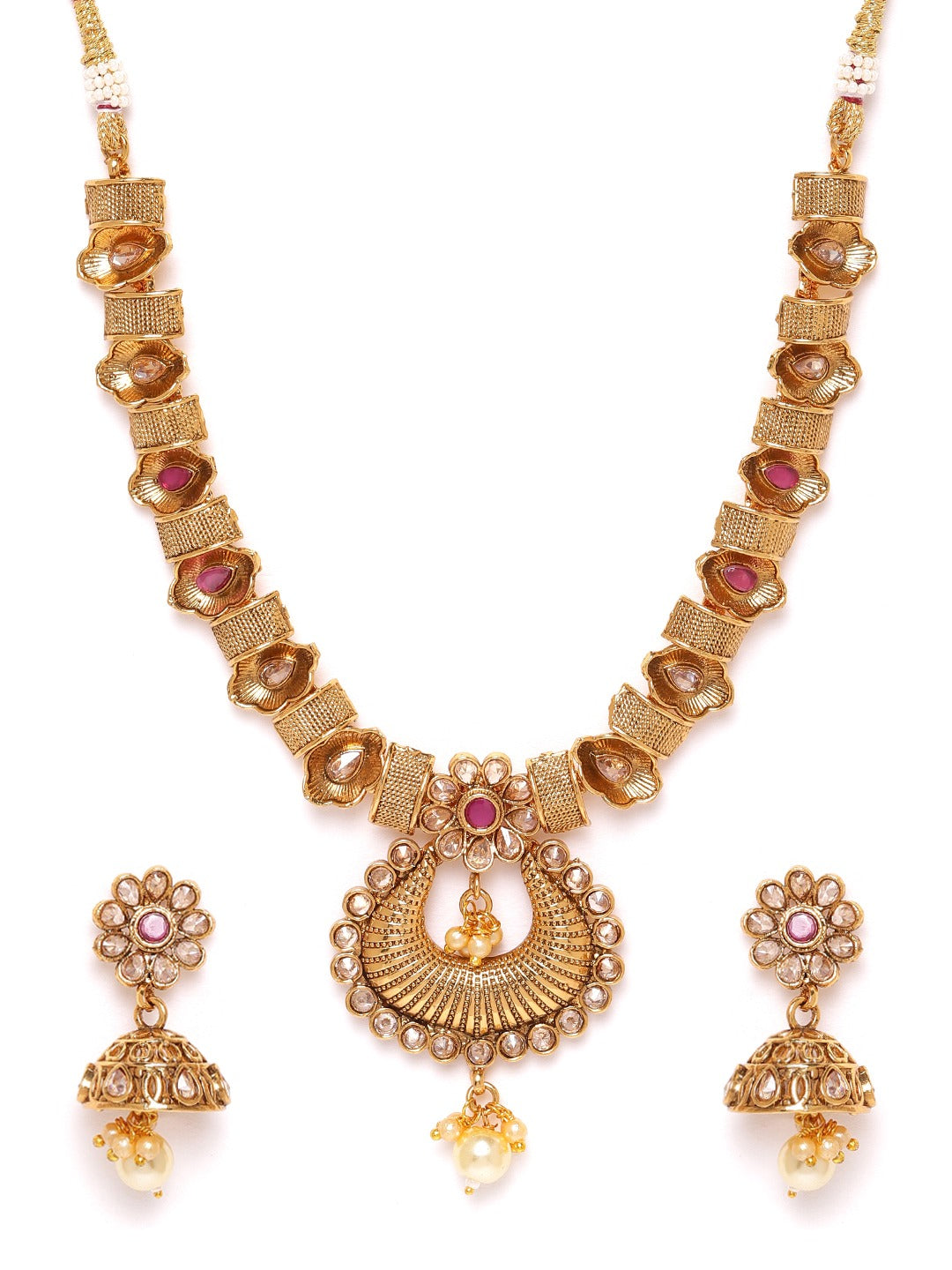 Magenta Antique Gold-Plated CZ-Studded & Beaded Handcrafted Jewellery Set