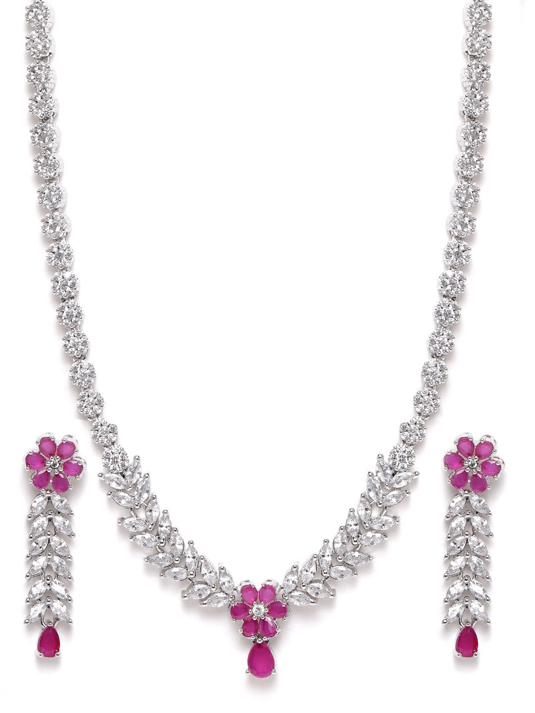 Pink Rhodium-Plated AD-Studded Handcrafted Jewellery Set