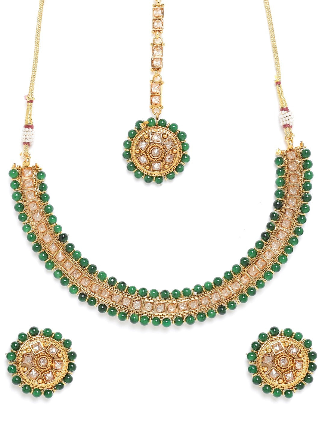 Green Gold-Plated CZ Stone-Studded Handcrafted Jewellery Set