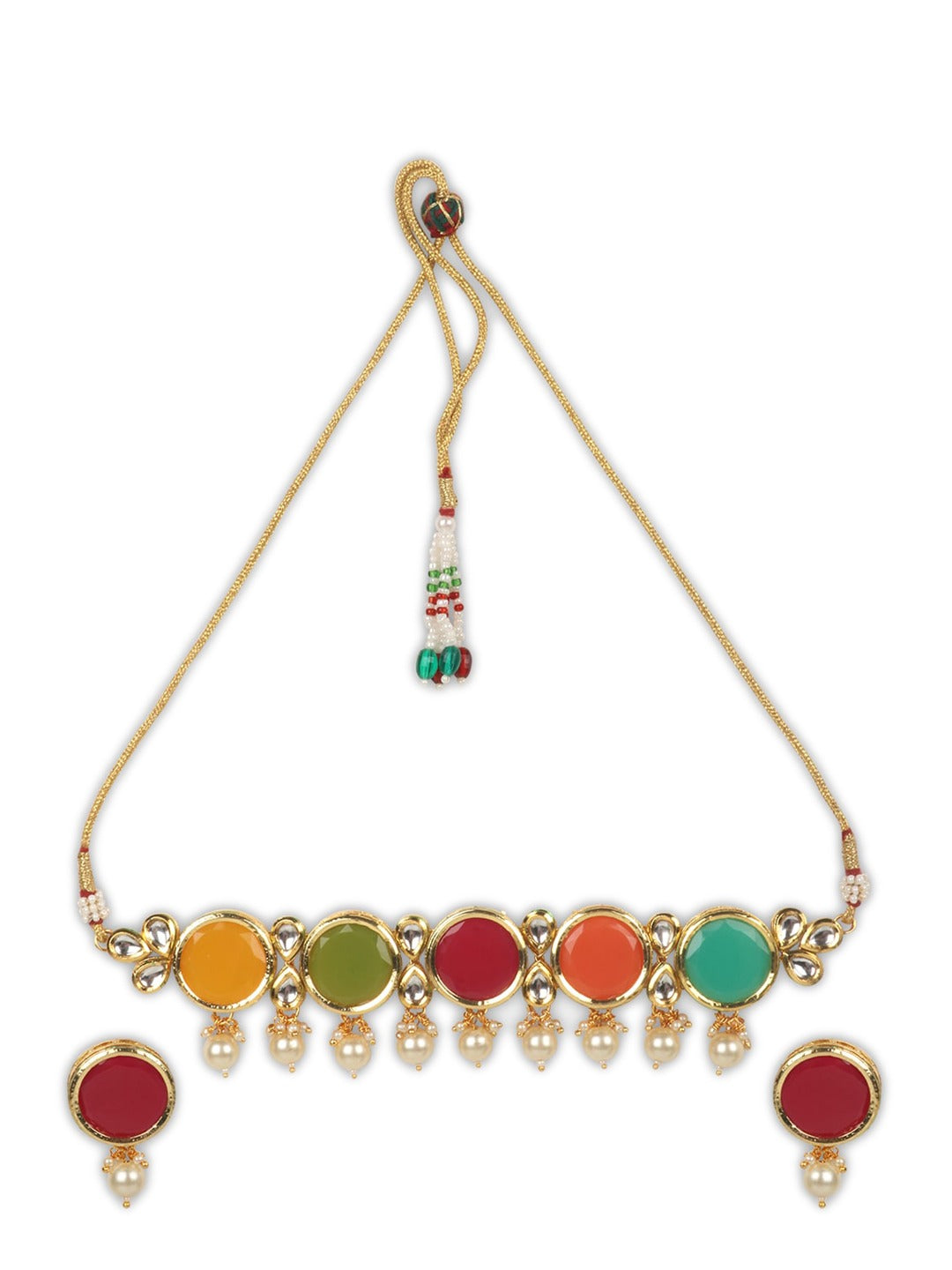 Gold-Plated Multi-Coloured Kundan-studded & Beaded Jewellery Set