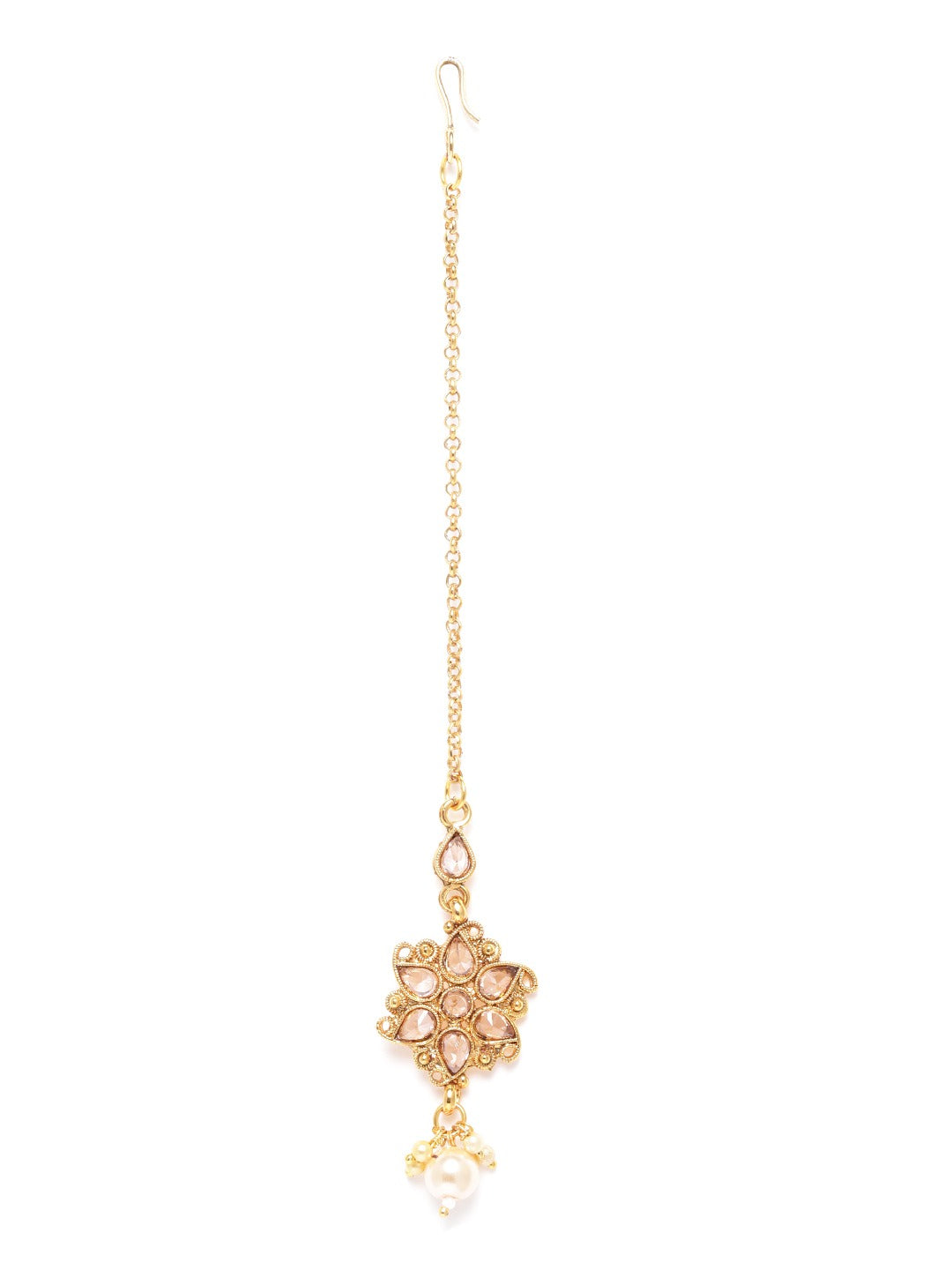 Off-White Gold-Plated Stone-Studded & Beaded Floral Shaped Maang Tika