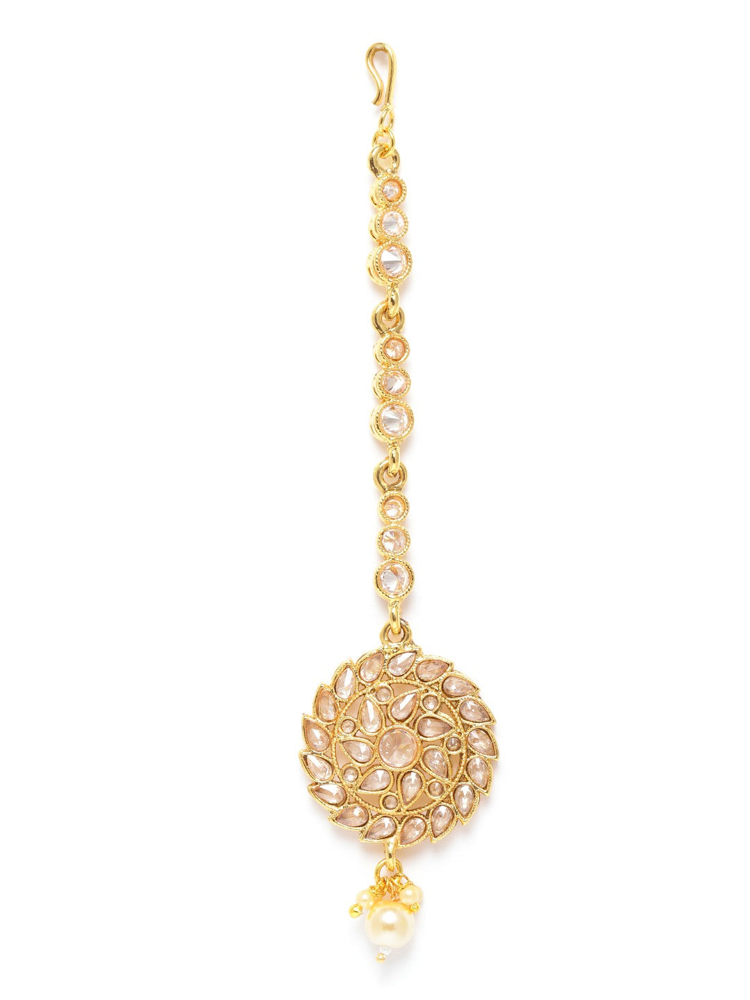 Off-White Gold-Plated Stone-Studded & Beaded Floral Shaped Maang Tika