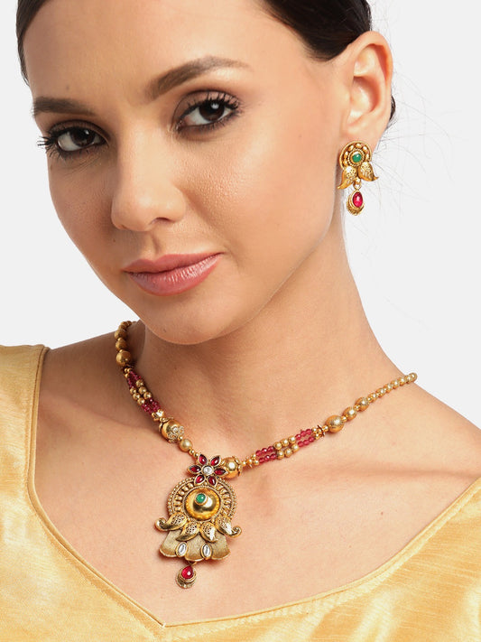 Red & Green Gold-Plated Stone Studded & Beaded Handcrafted Jewellery Set