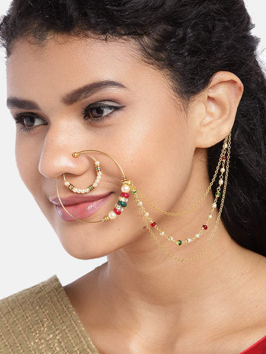 Maroon Gold-Plated CZ-Studded & Beaded Chained Nose Ring