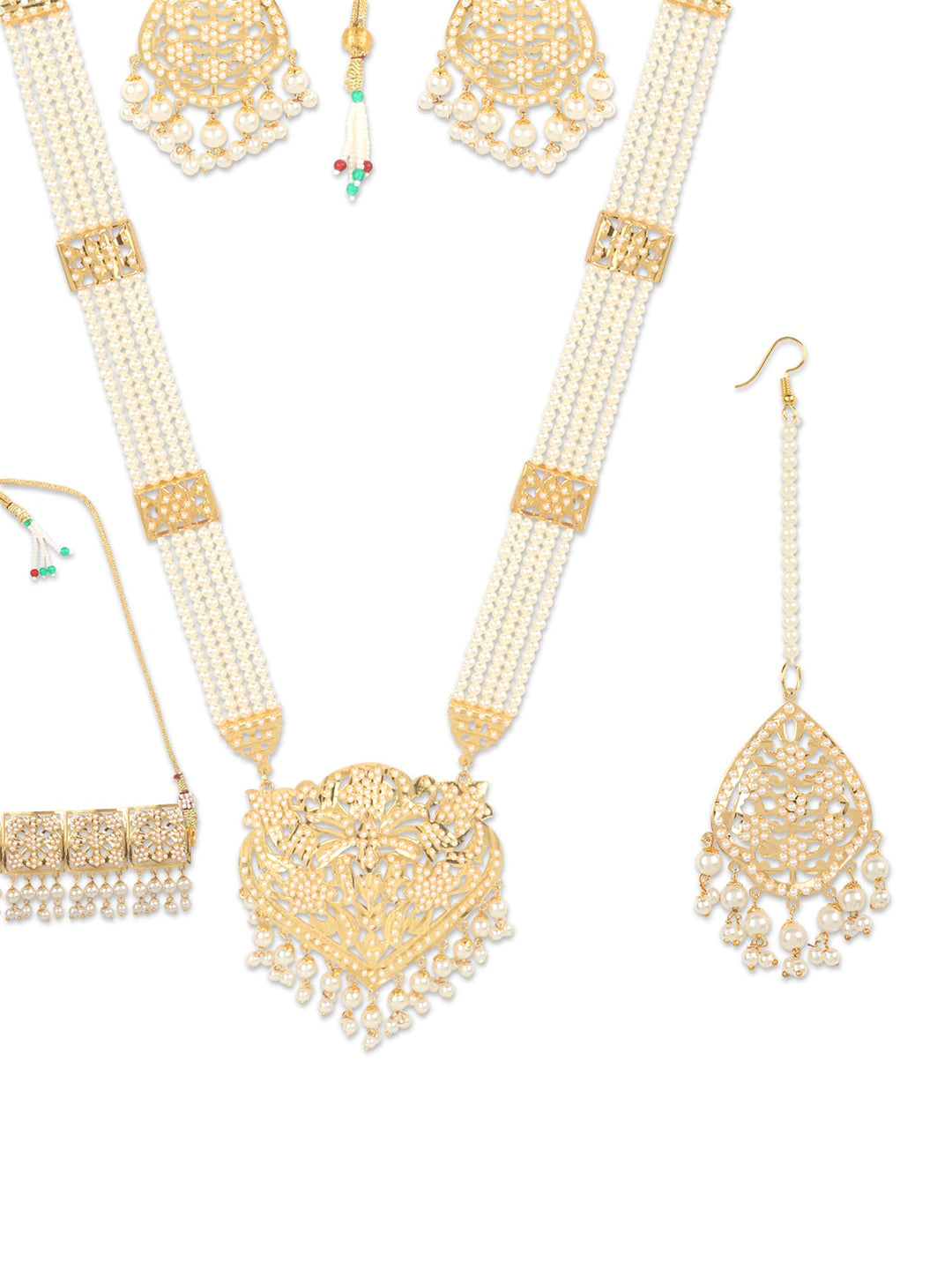 Gold-Plated White Pearl Studded & Beaded Traditional Jadau Jewellery Set