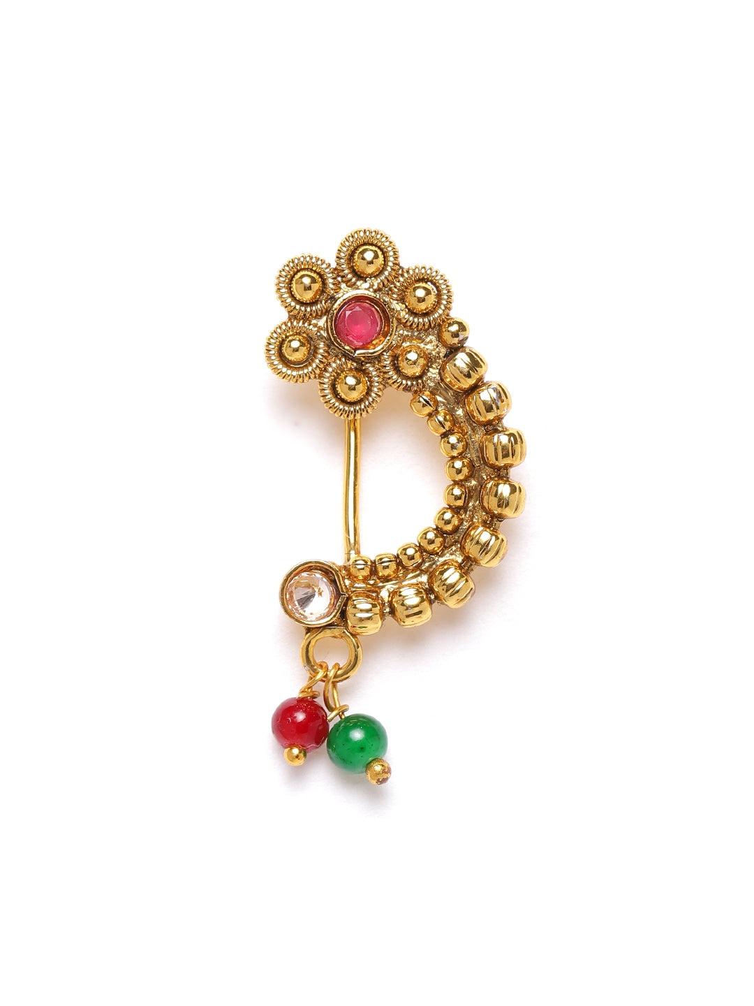 Maroon Floral Antique Gold-Plated CZ-Studded & Beaded Maharashtrian Nose Pin