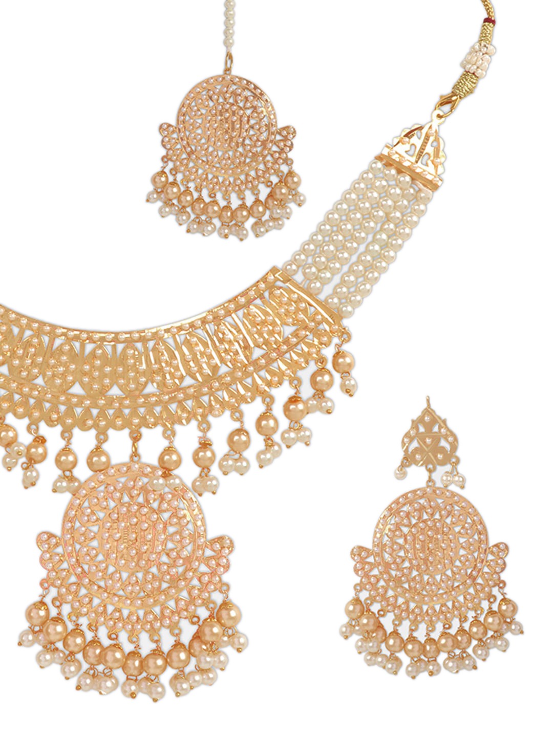 Gold-Plated White Beaded Jadau Jewellery Set