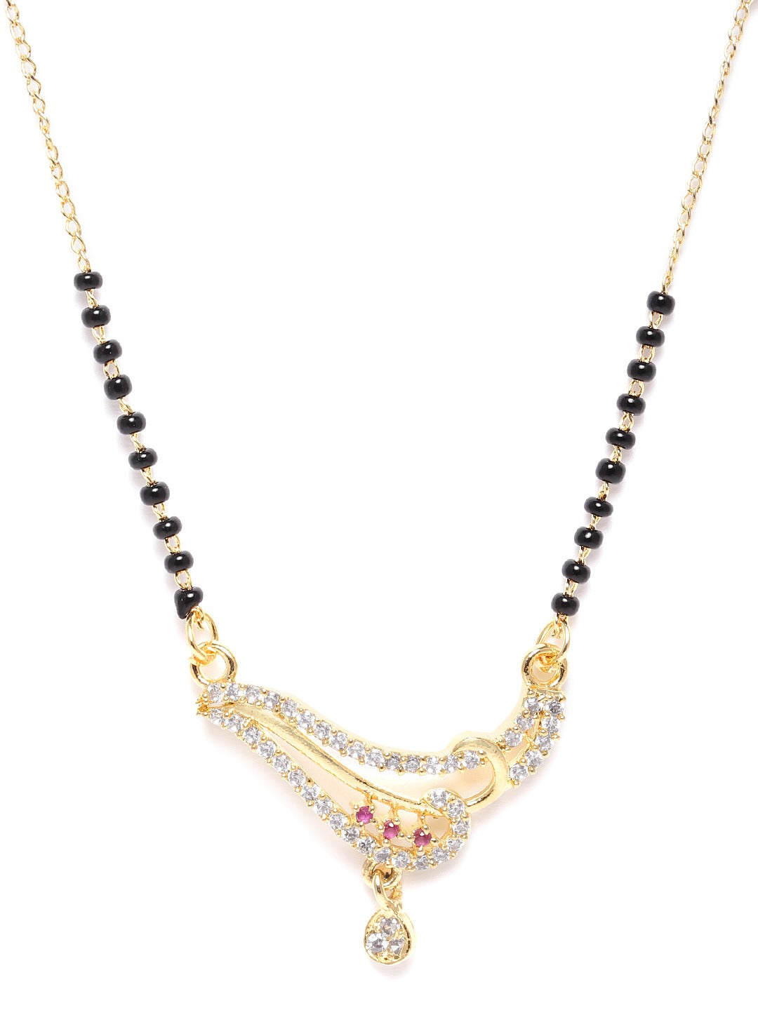 Magenta & Black Gold-Plated AD-Studded & Beaded Mangalsutra