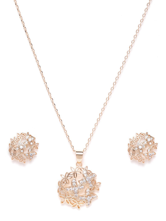 Rose Gold-Plated Handcrafted AD Stone-Studded Jewellery Set